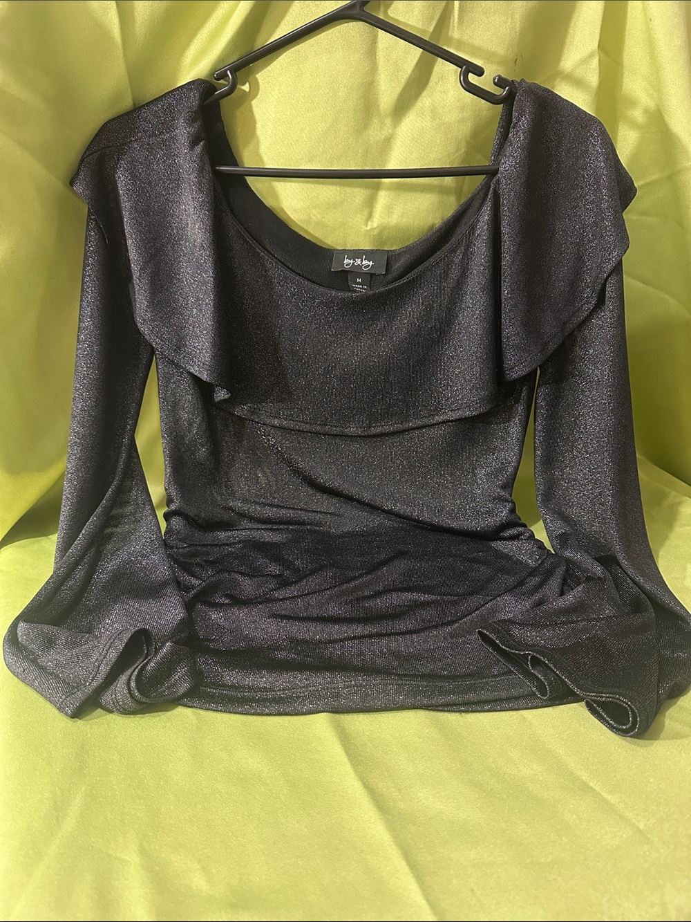BEAUTIFUL ALT STAPLE by & by Black Shimmer Ruffle Off-Shoulder Long Sleeve Top